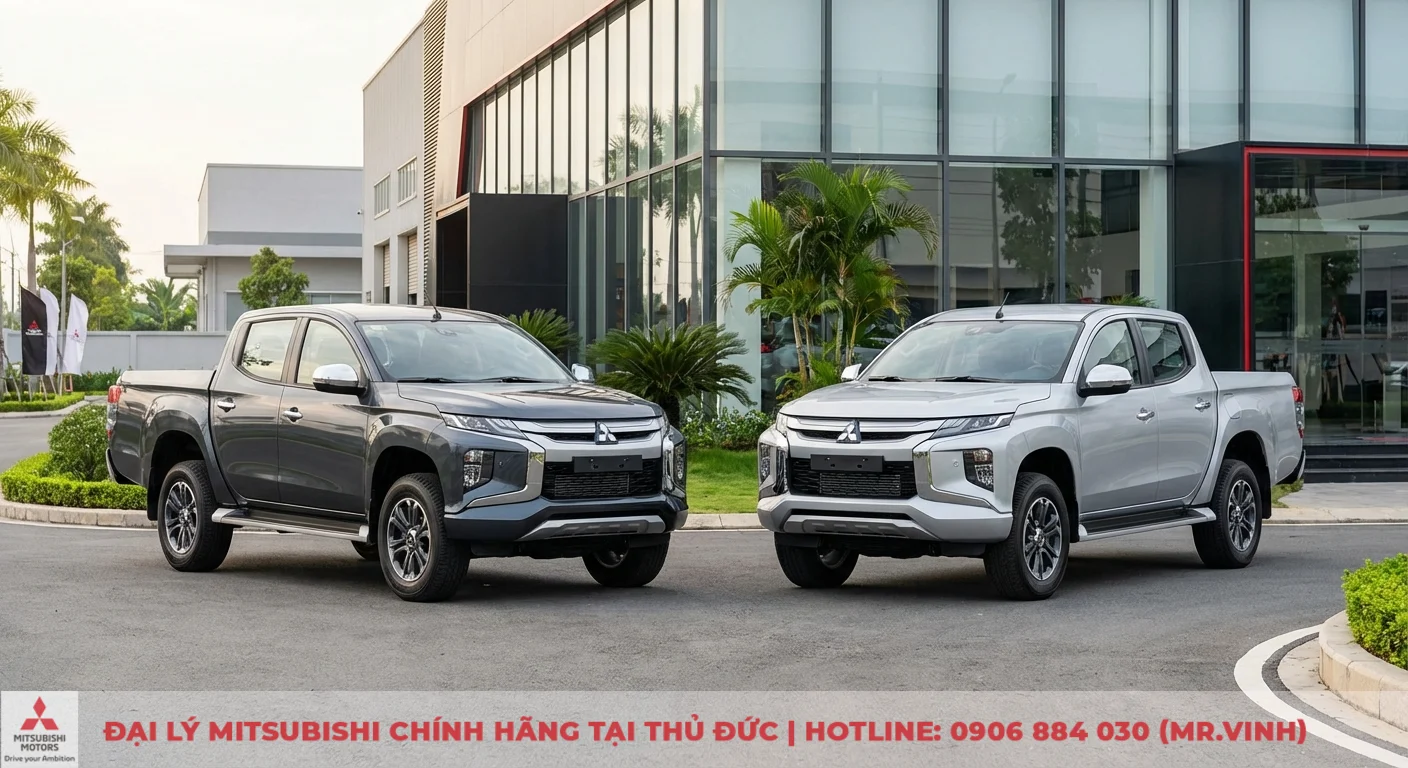 Có nên mua Mitsubishi Triton 2026? Đánh giá chi tiết & ưu nhược điểm 4 Hai chiếc bán tải Mitsubishi Triton màu xám và bạc đỗ song song trước tòa nhà hiện đại có kính lớn và cờ hiệu Mitsubishi