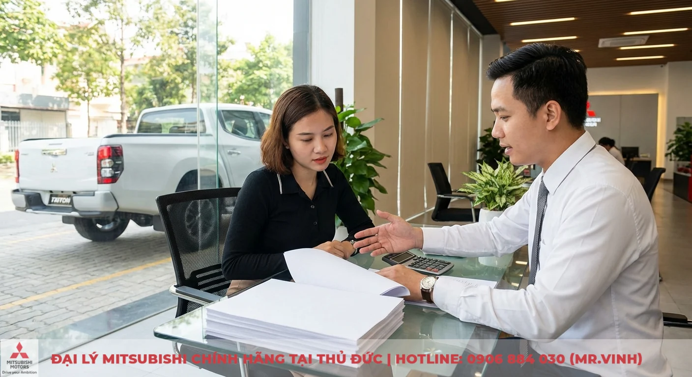 Có nên mua Mitsubishi Triton 2026? Đánh giá chi tiết & ưu nhược điểm 5 Nhân viên tư vấn hướng dẫn khách hàng nữ về thủ tục mua xe, bàn có tài liệu, máy tính, phía ngoài là xe bán tải Mitsubishi Triton