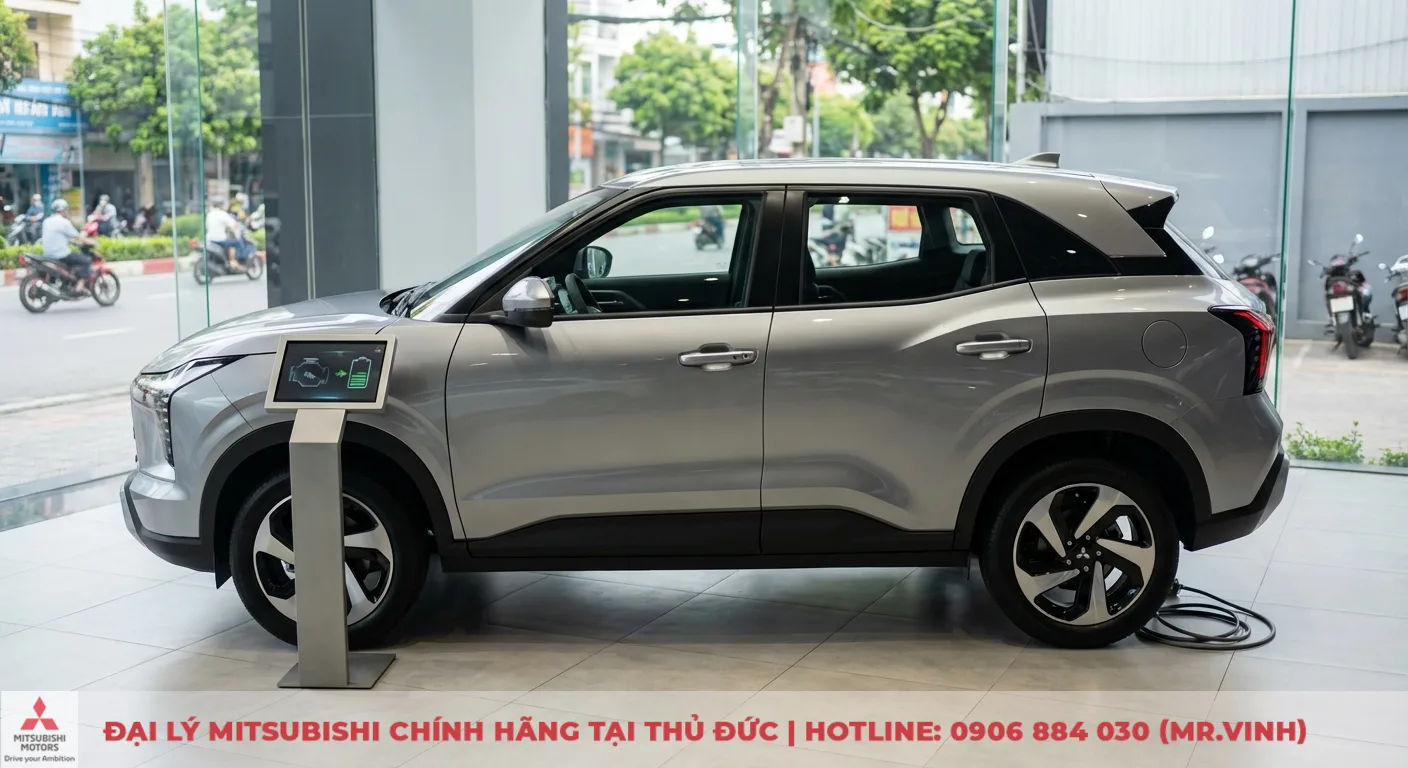Xforce 2026 có đáng mua không: Đánh giá ưu nhược điểm, so sánh. 1 Mitsubishi Xforce 2026 tại showroom, màn hình hiển thị công nghệ động cơ hybrid và sạc điện tiên tiến