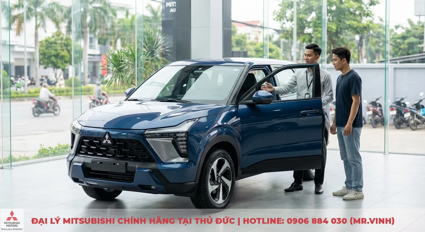 Xforce 2026 có đáng mua không: Đánh giá ưu nhược điểm, so sánh. 2 Mitsubishi Xforce 2026 màu xanh với thiết kế ngoại thất mạnh mẽ, nội thất tiện nghi đang được nhân viên giới thiệu cho khách hàng tại showroom