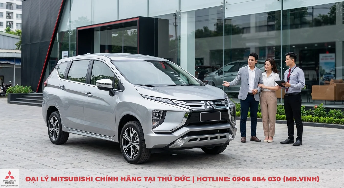 Có nên mua Xpander 2026: Đánh giá ưu nhược điểm và chi phí 1 Khách hàng đang tìm hiểu Mitsubishi Xpander tại showroom, đánh giá tiềm năng mẫu Xpander 2026 có đáng mua không