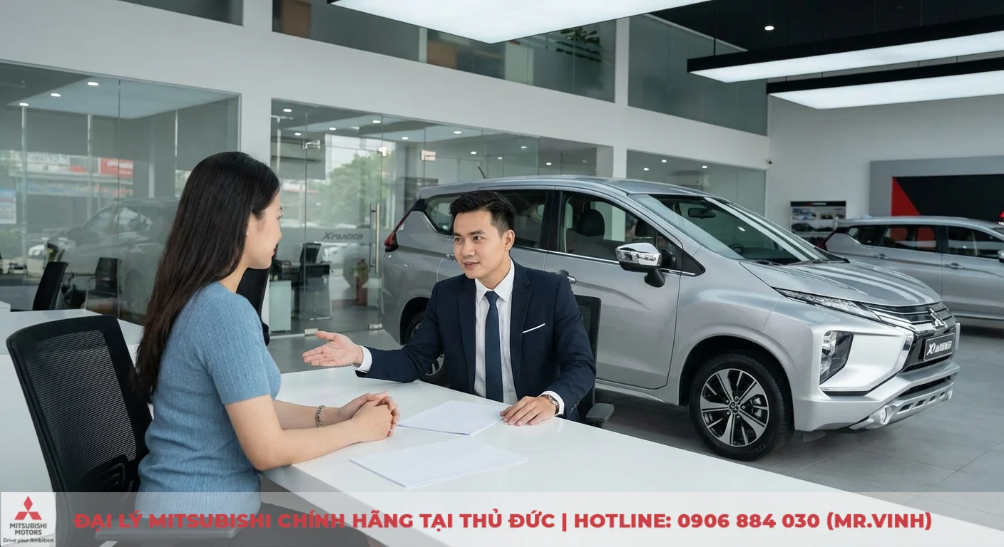 Có nên mua Xpander 2026: Đánh giá ưu nhược điểm và chi phí 2 Mitsubishi Xpander thiết kế hiện đại tại showroom, nhân viên đang tư vấn khách hàng về ưu nhược điểm