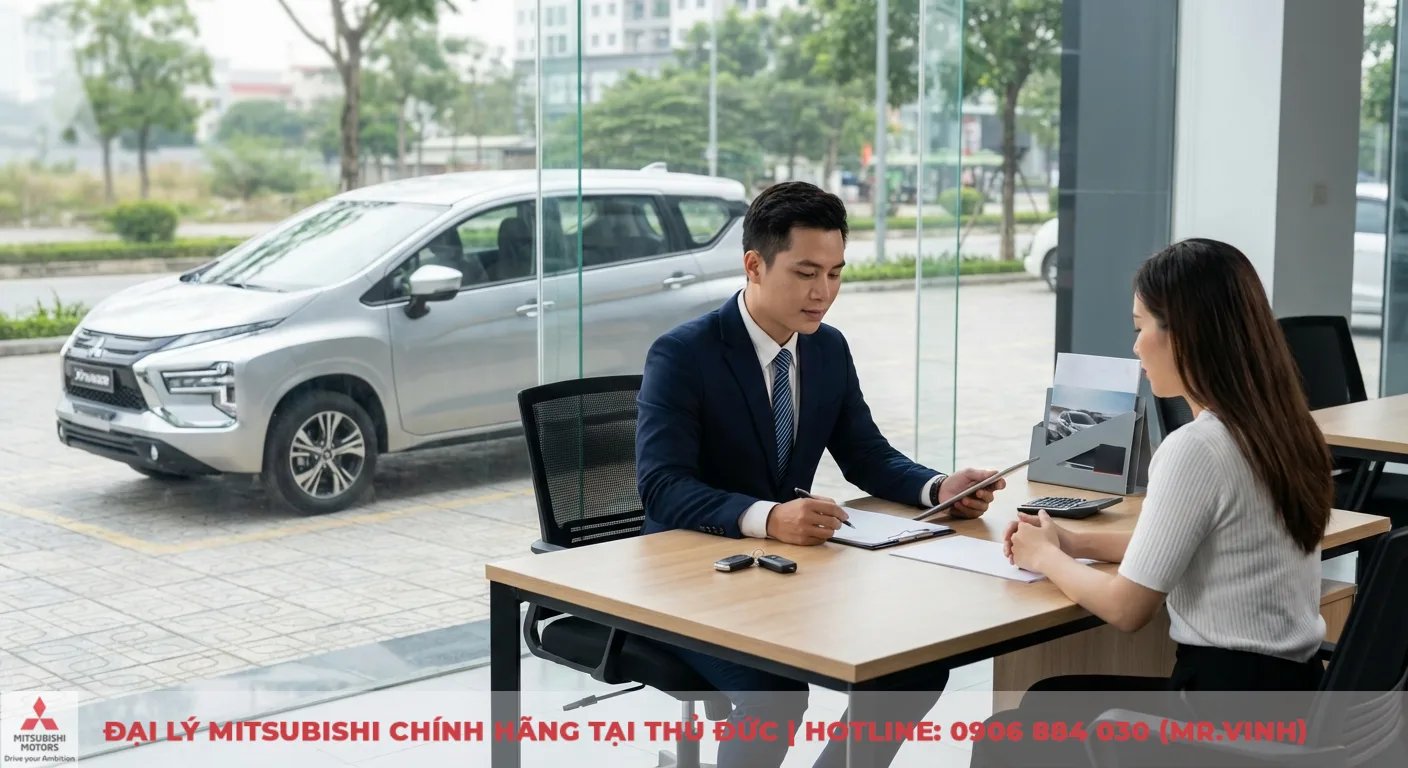 Có nên mua Xpander 2026: Đánh giá ưu nhược điểm và chi phí 3 Khách hàng thảo luận chi phí sử dụng và khả năng giữ giá Xpander 2026 với nhân viên tư vấn tại đại lý