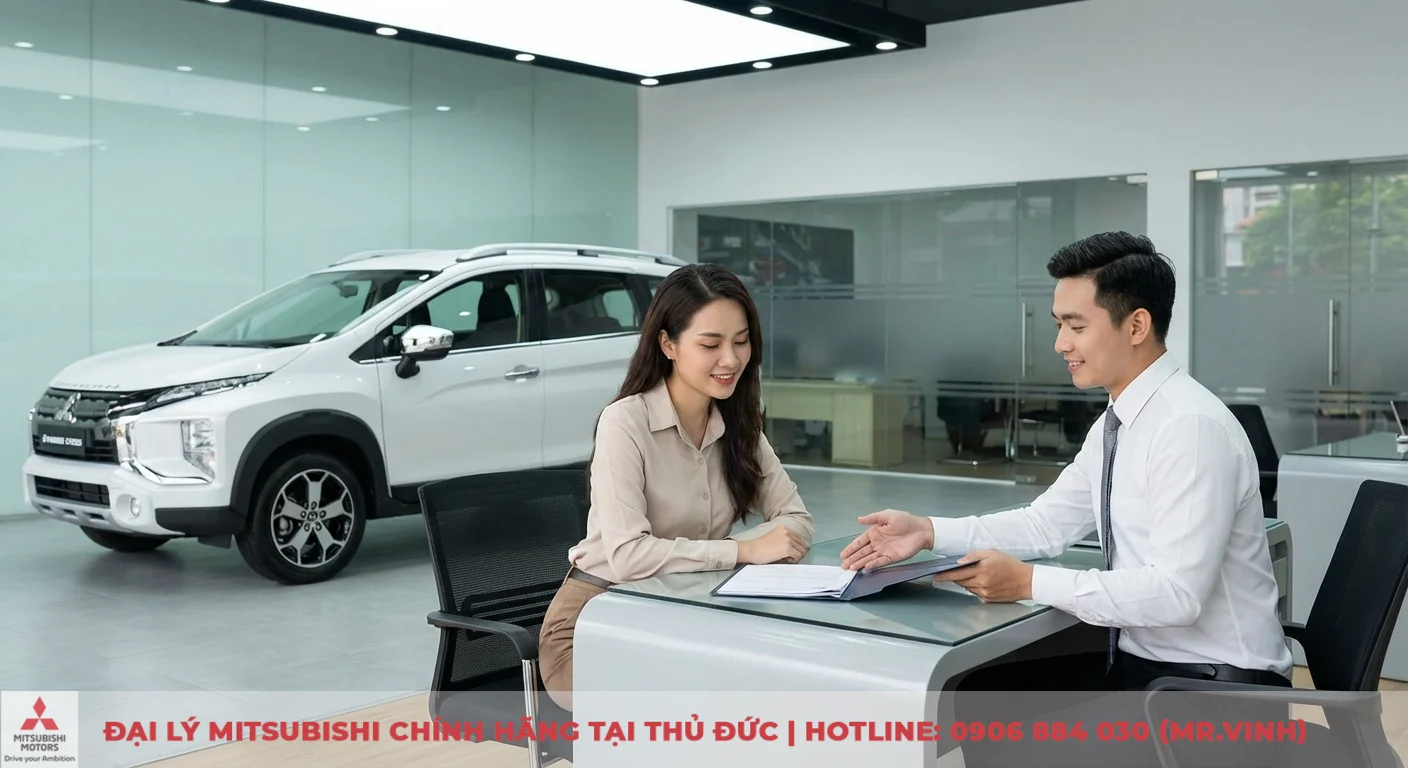 Xpander Cross 2026: Có nên mua không? Dự đoán ưu nhược điểm & giữ giá 3 Khách hàng và nhân viên đại lý trao đổi chi phí, khả năng giữ giá và giá trị đầu tư xe Mitsubishi Xpander Cross
