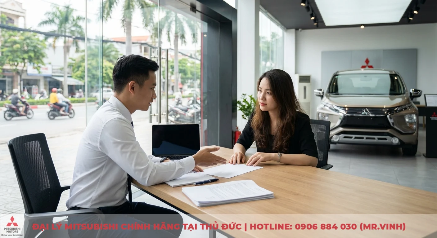 Xpander Cross 2026: Có nên mua không? Dự đoán ưu nhược điểm & giữ giá 4 Khách hàng tại Mitsubishi Sài Gòn 3S đang được nhân viên tư vấn về quy trình mua xe và thủ tục đặt cọc Xpander