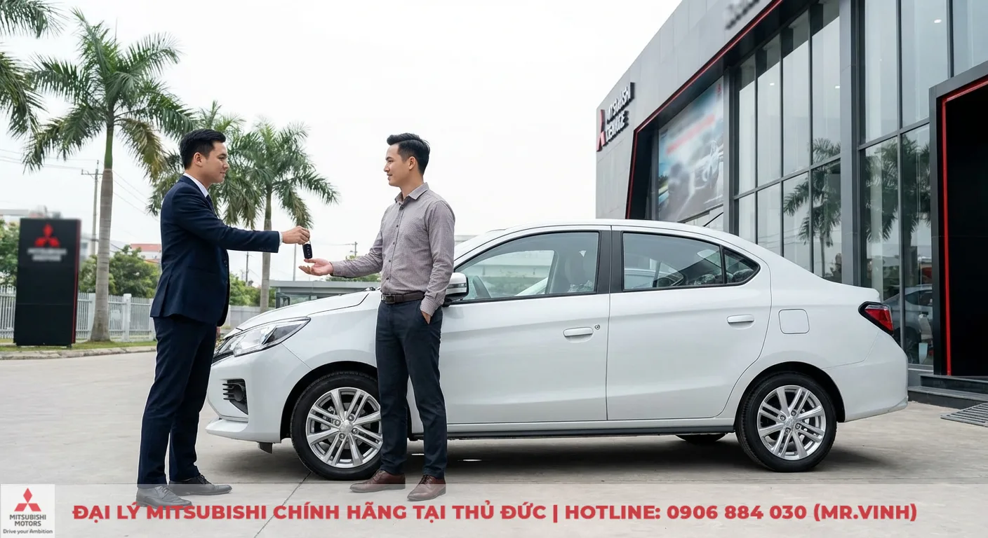 Đại lý Attrage 2026 Thủ Đức: Thông tin mới nhất & báo giá 5 Khách hàng nhận chìa khóa Mitsubishi Attrage 2026 từ nhân viên tại đại lý Thủ Đức chuẩn bị lái thử