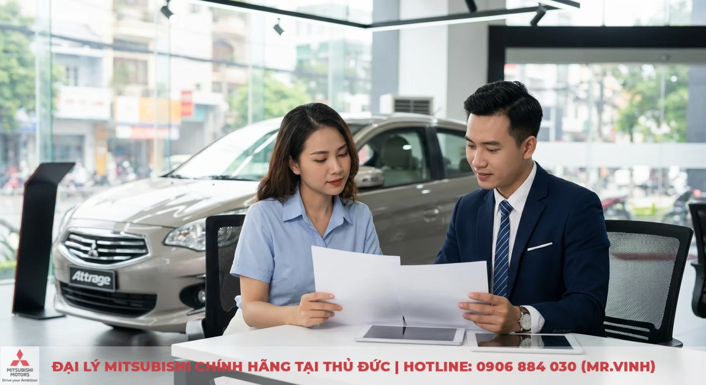 Đại lý Attrage 2026 TP.HCM: Báo giá, lái thử & ưu đãi đặt trước 2 Khách hàng và nhân viên tư vấn đang trao đổi về Mitsubishi Attrage 2026 cùng báo giá, ưu đãi tại showroom