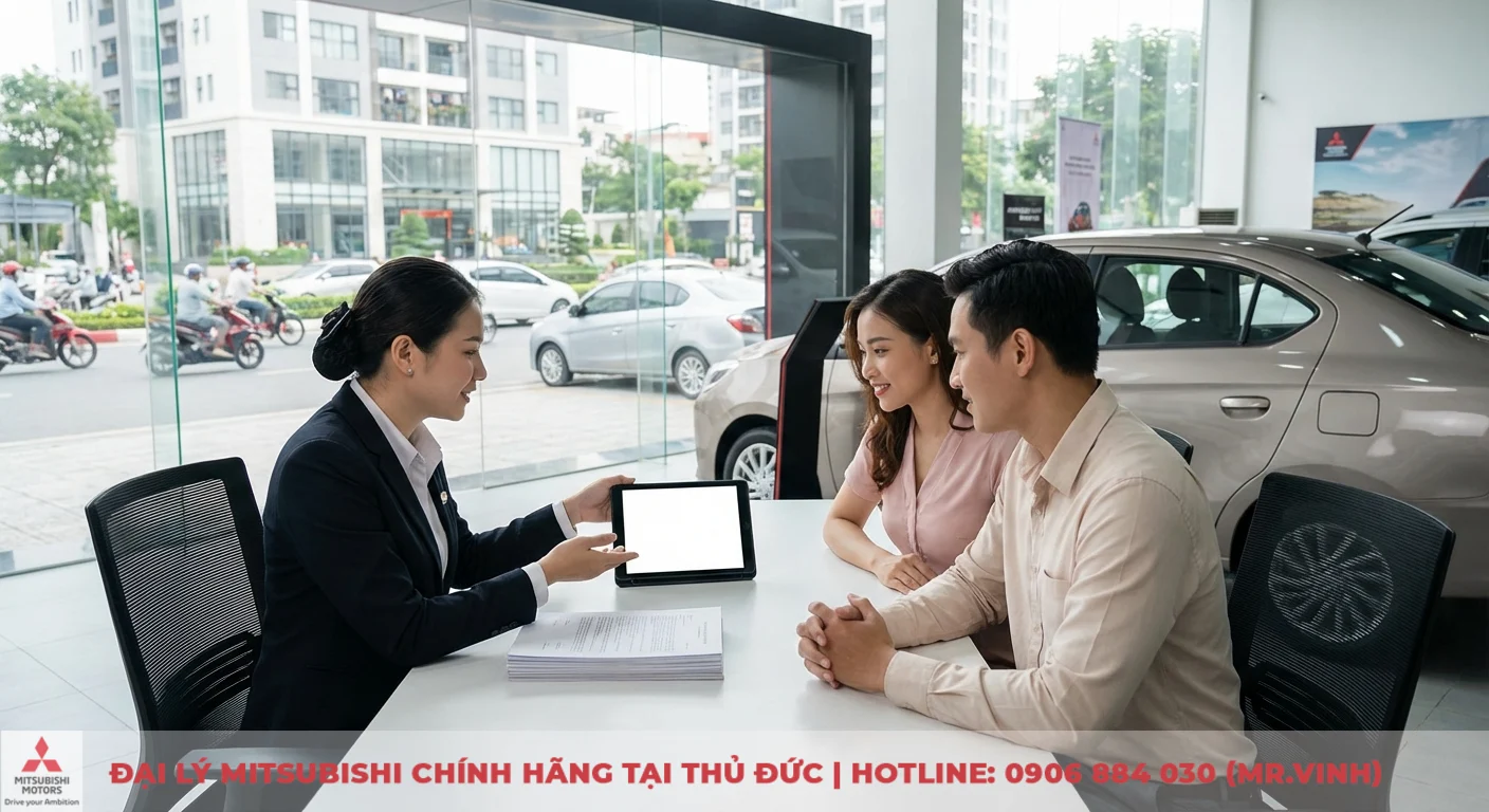 Đại lý Attrage 2026 TP.HCM: Báo giá, lái thử & ưu đãi đặt trước 5 Tư vấn viên đại lý Mitsubishi Saigon 3S hướng dẫn khách hàng về thủ tục mua Mitsubishi Attrage 2026 tại TP.HCM