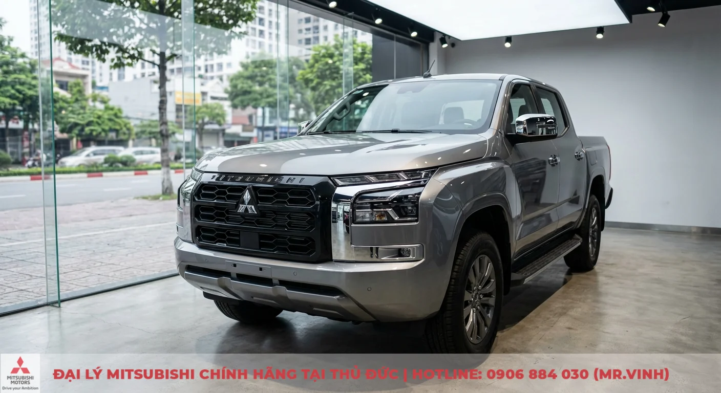 Đại lý Triton 2026 Thủ Đức – Báo giá, lái thử & ưu đãi mới nhất 1 Xe bán tải Mitsubishi Triton màu xám trong showroom, với đầu xe lưới tản nhiệt đen, đèn pha LED và logo Mitsubishi, nhìn ra đường phố