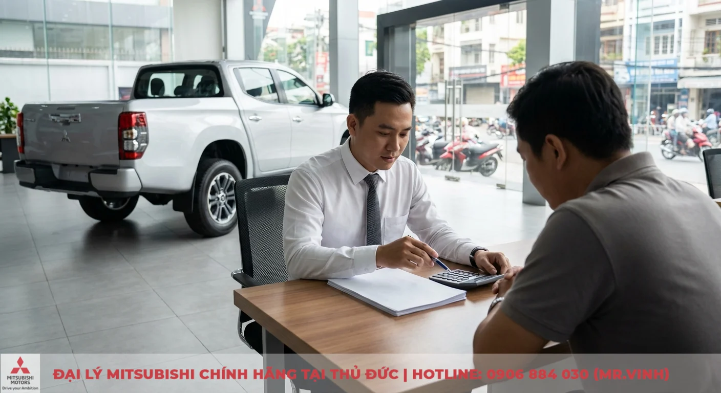 Đại lý Triton 2026 Thủ Đức – Báo giá, lái thử & ưu đãi mới nhất 2 Hai người đàn ông ngồi ở bàn làm việc trong showroom ô tô, một nhân viên tư vấn đang tính toán giá xe Mitsubishi Triton cho khách hàng