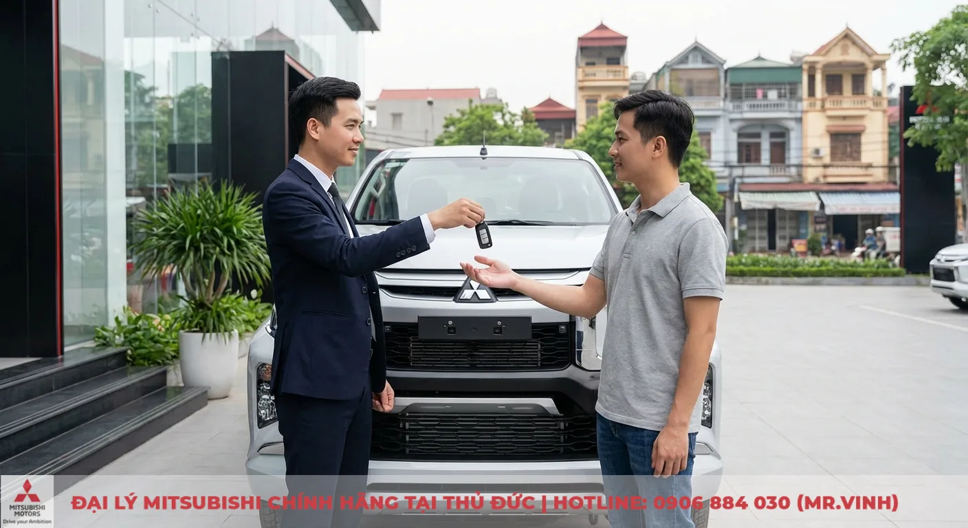 Đại lý Triton 2026 Thủ Đức – Báo giá, lái thử & ưu đãi mới nhất 3 Người đàn ông mặc vest trao chìa khóa xe Mitsubishi Triton màu bạc cho người đàn ông áo polo tại showroom, chuẩn bị lái thử