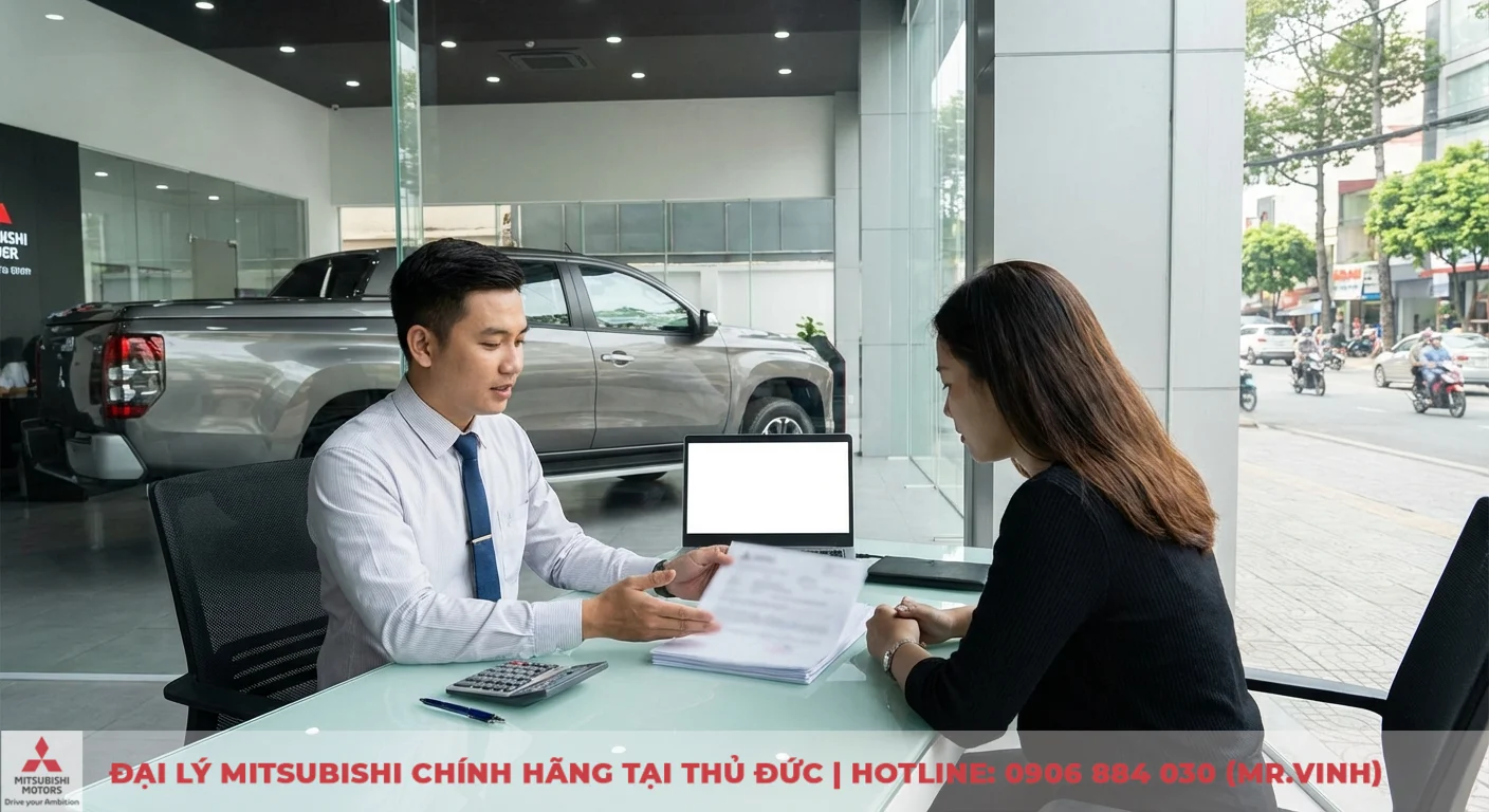 Đại lý Triton 2026 Thủ Đức – Báo giá, lái thử & ưu đãi mới nhất 4 Người đàn ông chỉ giấy tờ cho phụ nữ tại bàn kính, laptop, xe bán tải Mitsubishi Triton trong showroom, đường phố đông đúc ngoài cửa sổ