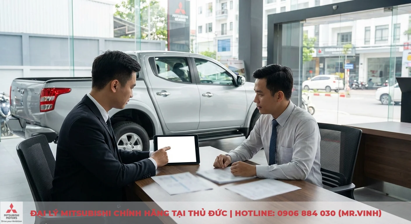 Đại lý Triton 2026 Thủ Đức – Báo giá, lái thử & ưu đãi mới nhất 5 Hai người đàn ông đang tư vấn tại đại lý Mitsubishi, một người chỉ máy tính bảng, với xe Triton và tài liệu trên bàn