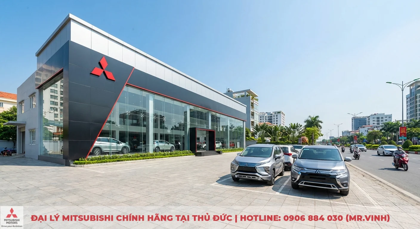 Đại lý Triton 2026 Thủ Đức – Báo giá, lái thử & ưu đãi mới nhất 6 Tòa nhà showroom Mitsubishi hiện đại có mặt tiền kính lớn, logo đỏ nổi bật, nhiều xe hơi và vỉa hè bên cạnh đường phố