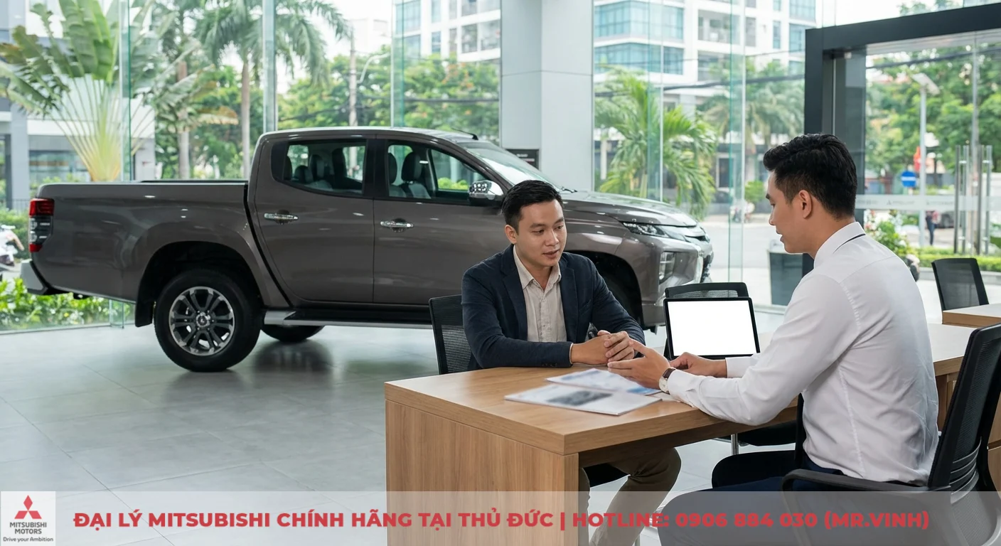 Đại lý Triton 2026 TP.HCM - Báo giá, khuyến mãi và lái thử 2 Tư vấn viên và khách hàng tại showroom Mitsubishi ngồi bàn gỗ có laptop, xe bán tải Triton màu nâu đỗ phía sau