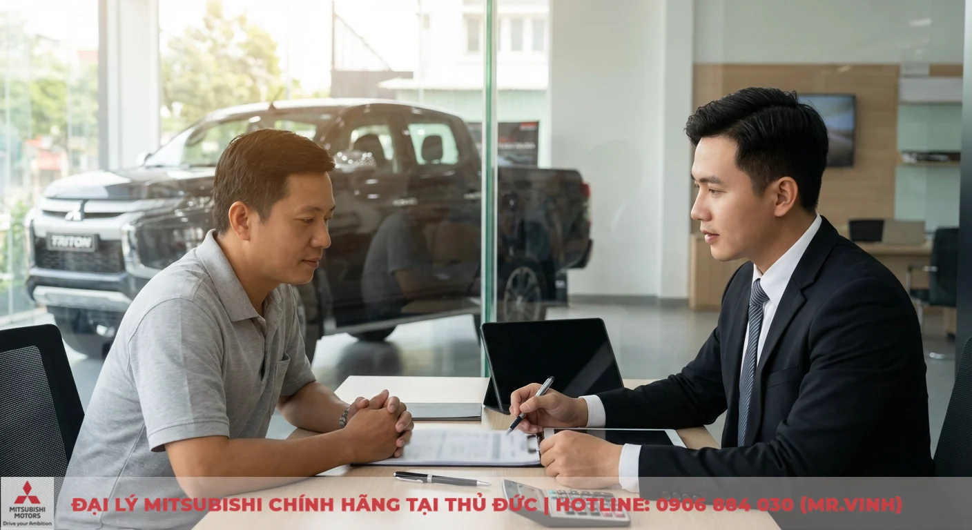 Đại lý Triton 2026 TP.HCM - Báo giá, khuyến mãi và lái thử 4 Người bán hàng tư vấn khách mua xe Mitsubishi Triton trả góp tại showroom, trên bàn có hợp đồng và máy tính