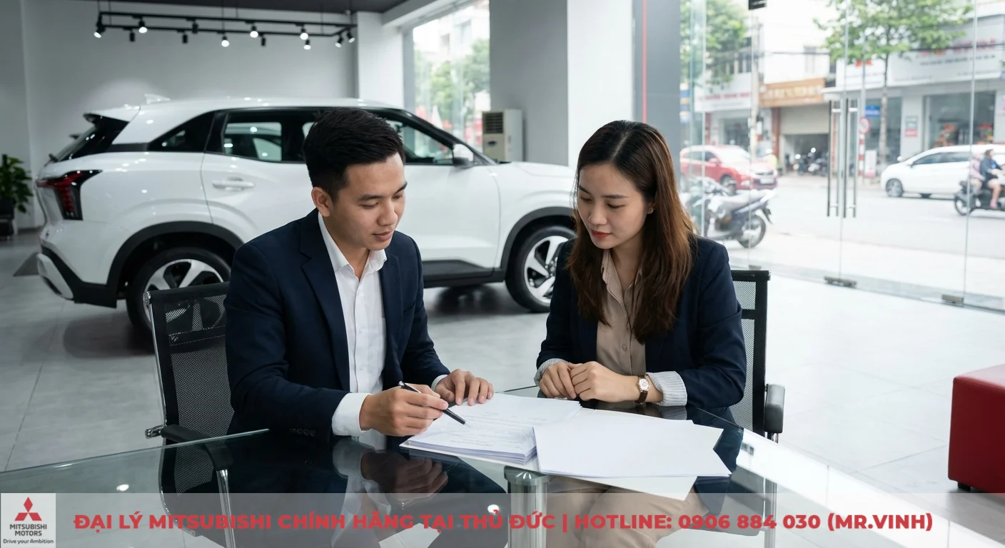 Đại lý Xforce 2026 Thủ Đức - Báo giá, lái thử, ưu đãi mới nhất 1 Tư vấn viên Mitsubishi Thủ Đức trao đổi về giá và hợp đồng mua xe Xforce 2026 với khách hàng