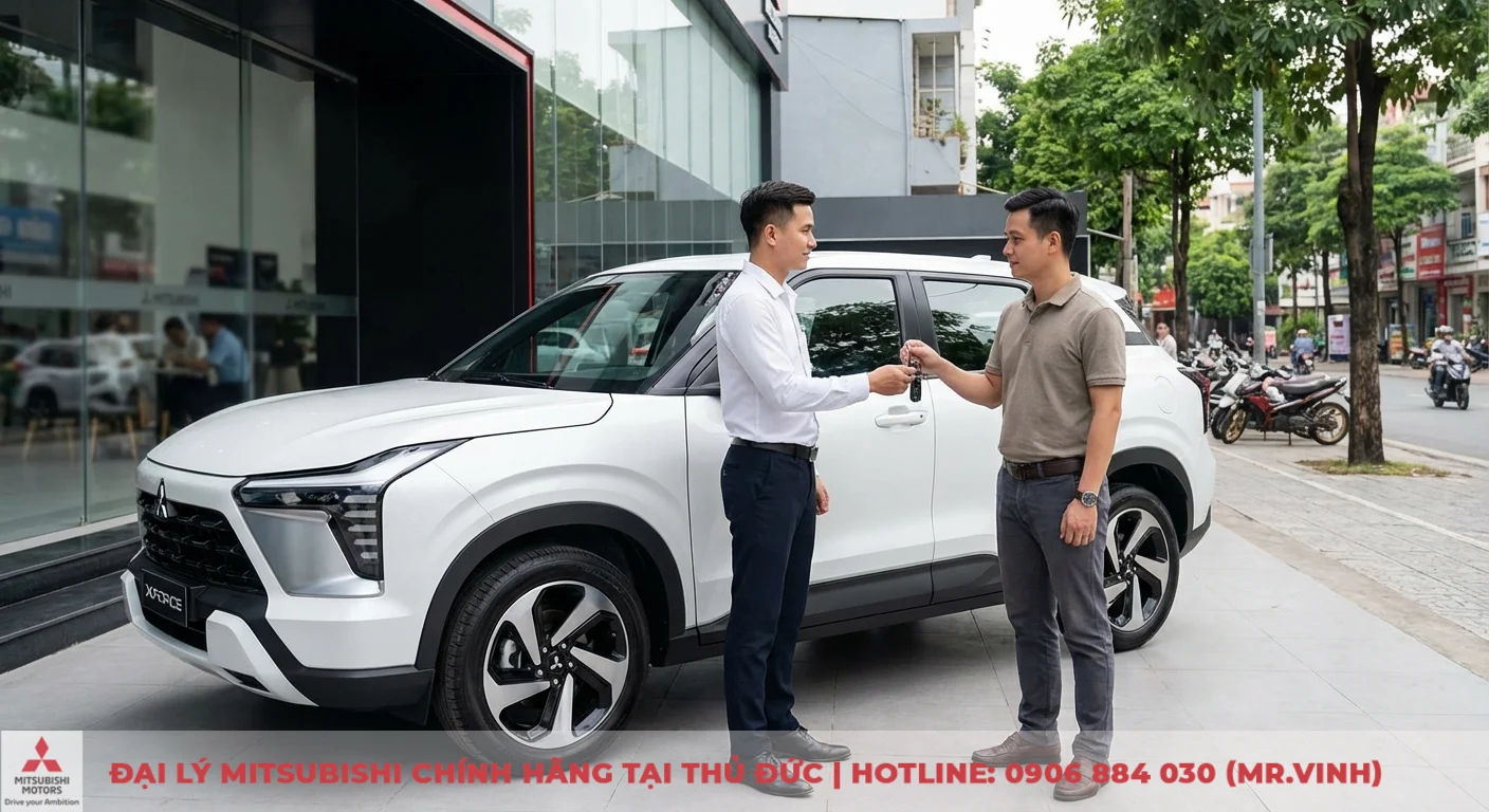 Đại lý Xforce 2026 Thủ Đức - Báo giá, lái thử, ưu đãi mới nhất 2 Mitsubishi Xforce 2024 trắng đang được bàn giao chìa khóa cho khách hàng trải nghiệm tại Đại lý Thủ Đức