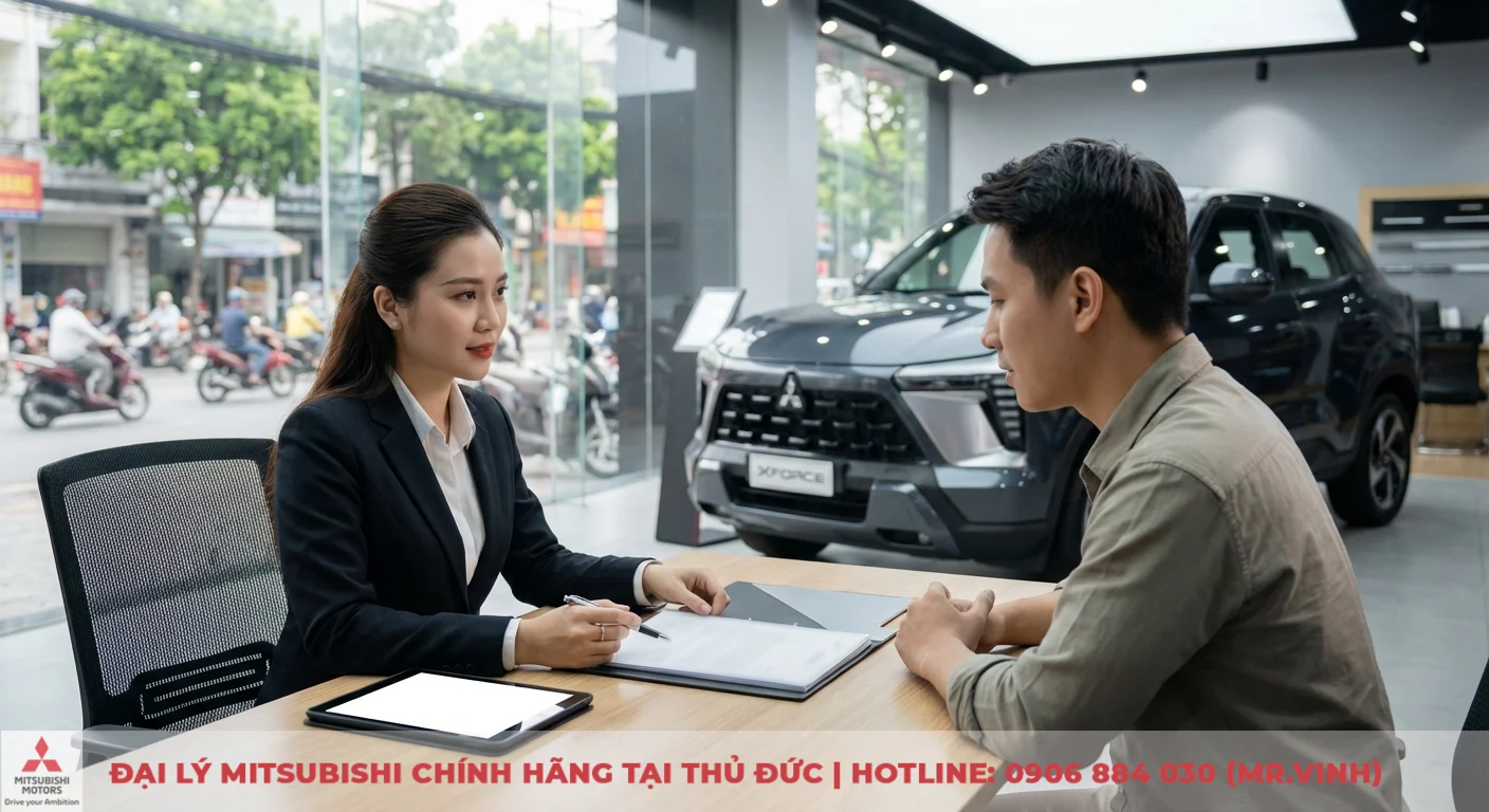Đại lý Xforce 2026 Thủ Đức - Báo giá, lái thử, ưu đãi mới nhất 3 Nhân viên tư vấn Mitsubishi Xforce hướng dẫn khách hàng về quy trình và thủ tục mua trả góp tại đại lý
