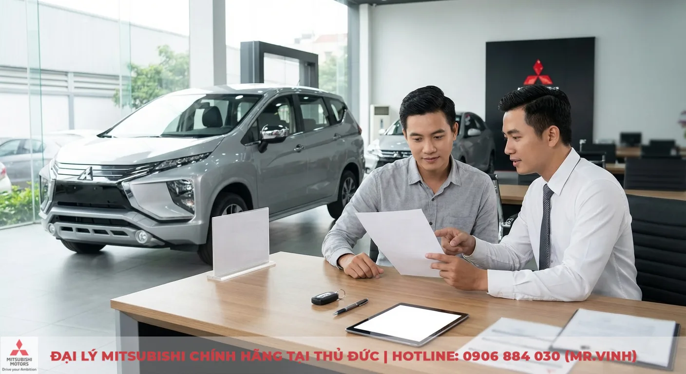 Đại lý Xpander 2026 TP.HCM: Báo giá, lái thử & ưu đãi sớm nhất 2 Tư vấn viên Mitsubishi giới thiệu báo giá và ưu đãi Xpander 2026 cho khách hàng tại showroom
