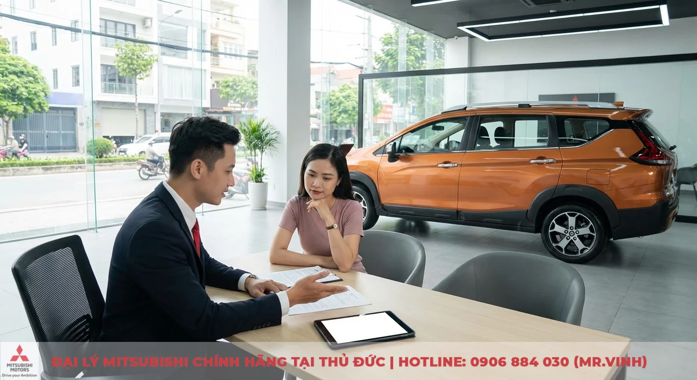 Đại lý Xpander Cross 2026 Thủ Đức: Cập nhật thông tin & báo giá 2 Nhân viên đại lý tư vấn giá lăn bánh Xpander Cross 2026 và chính sách ưu đãi cho khách hàng tại showroom Thủ Đức, có xe Xpander Cross màu cam