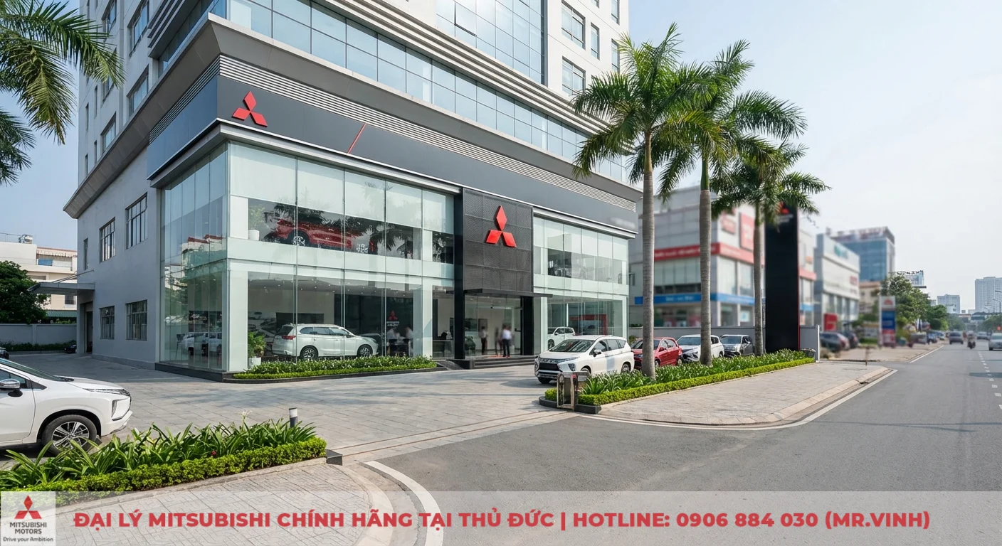 Đại lý Xpander Cross 2026 Thủ Đức: Cập nhật thông tin & báo giá 4 Đại lý Mitsubishi Saigon 3S Thủ Đức hiện đại với showroom kính trưng bày xe và mặt tiền dễ tiếp cận trên đường lớn
