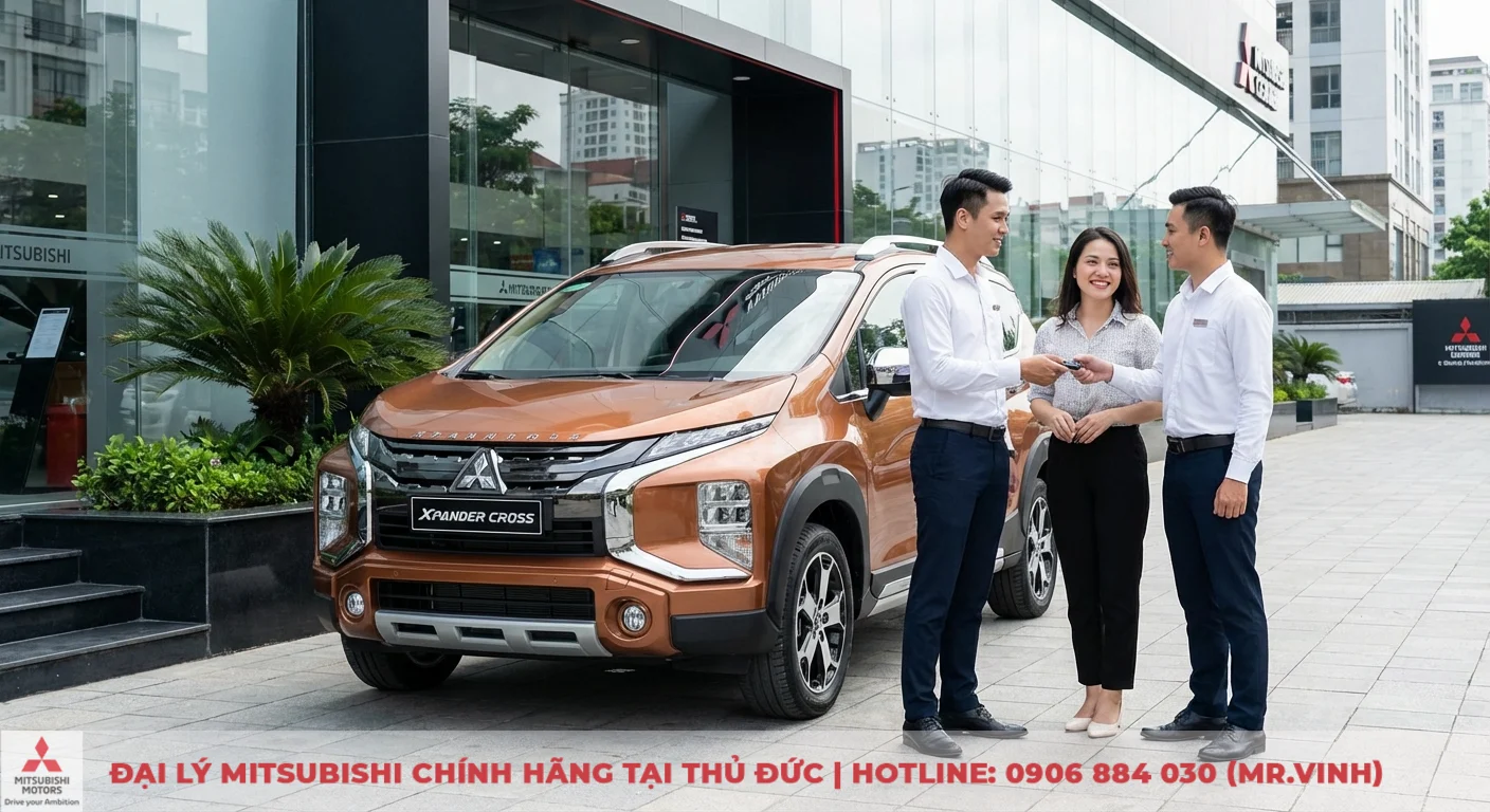 Đại lý Xpander Cross 2026 TP.HCM: Báo giá, đặt lịch lái thử 4 Khách hàng nhận chìa khóa Xpander Cross 2026 màu cam tại showroom Mitsubishi Sài Gòn để lái thử ở TP.HCM