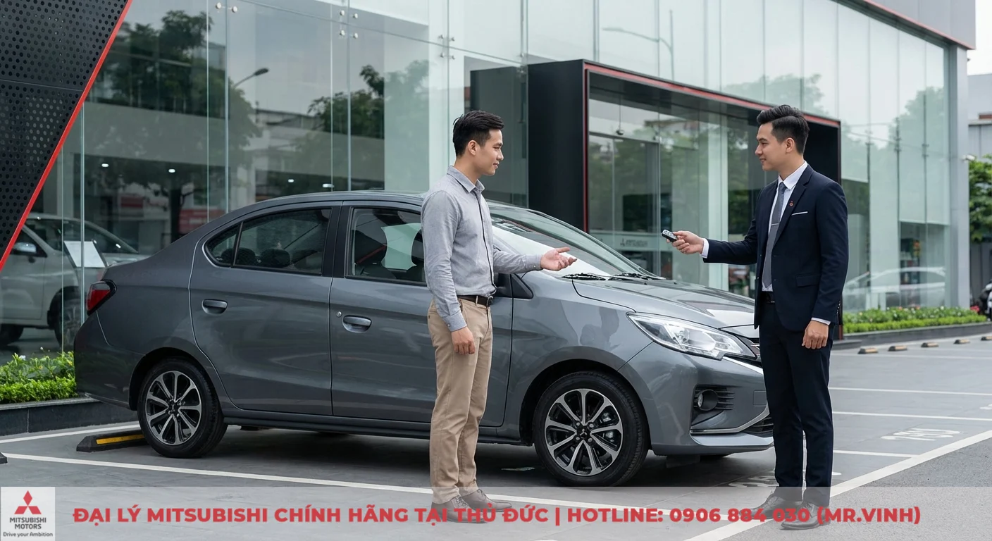 Đăng ký lái thử Attrage 2026 - Trải nghiệm sớm tại TP.HCM 1 Khách hàng nhận chìa khóa Attrage 2026 từ nhân viên bán hàng, sẵn sàng trải nghiệm lái thử sớm nhất
