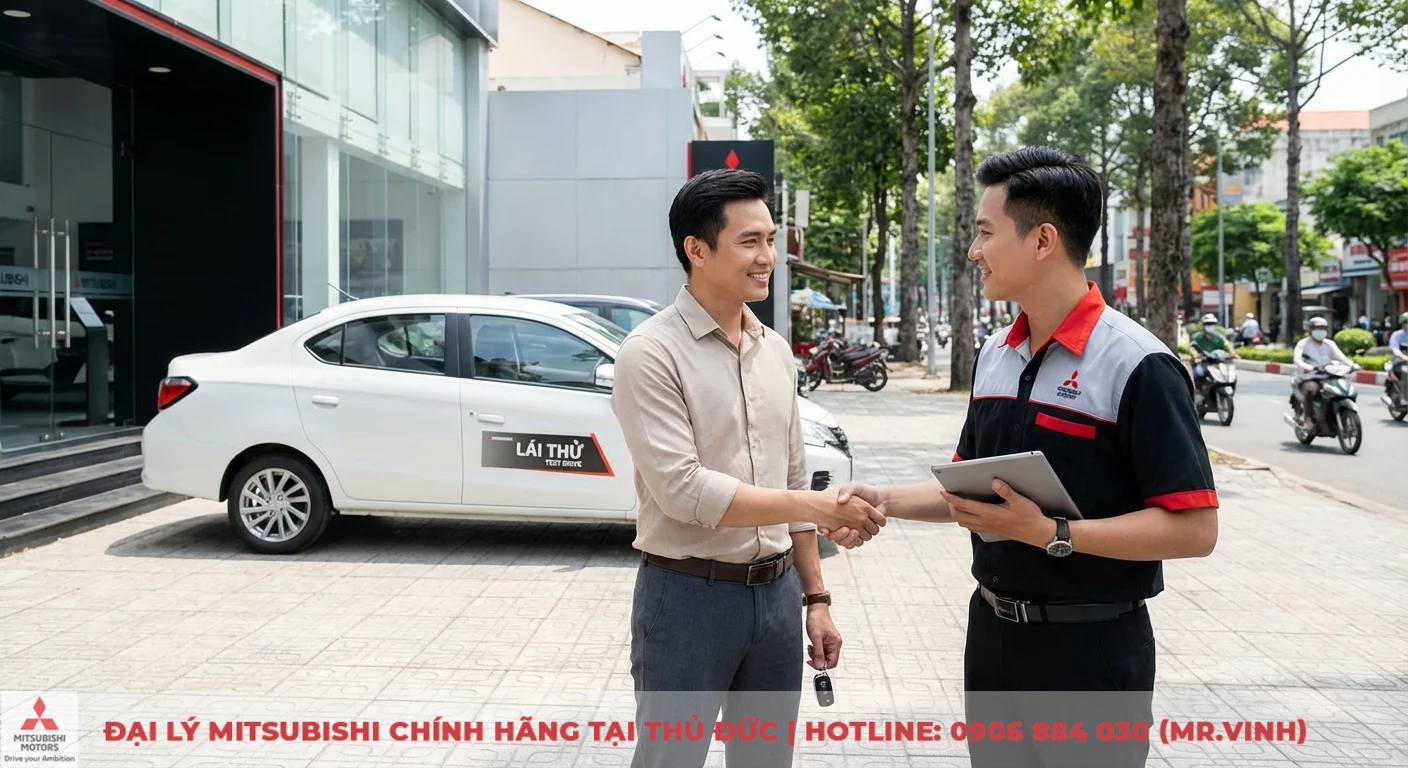 Đăng ký lái thử Attrage 2026 - Trải nghiệm sớm tại TP.HCM 2 Khách hàng hoàn tất quy trình đăng ký lái thử Attrage 2026 tại Mitsubishi Saigon 3S, nhận chìa khóa xe