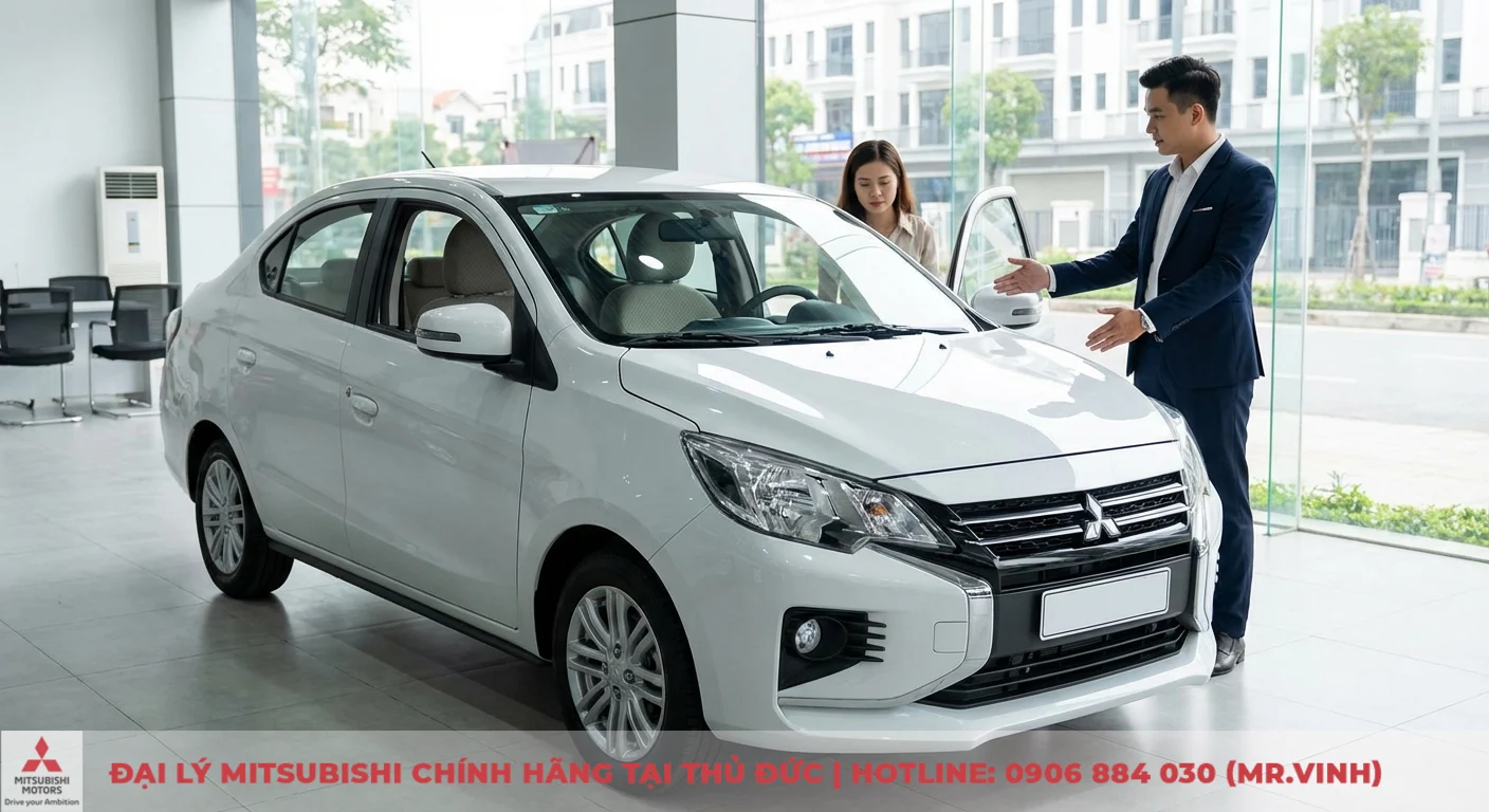 Đăng ký lái thử Attrage 2026 - Trải nghiệm sớm tại TP.HCM 3 Mitsubishi Attrage phiên bản hiện hành tại showroom, nổi bật với thiết kế Dynamic Shield trẻ trung và tiện nghi