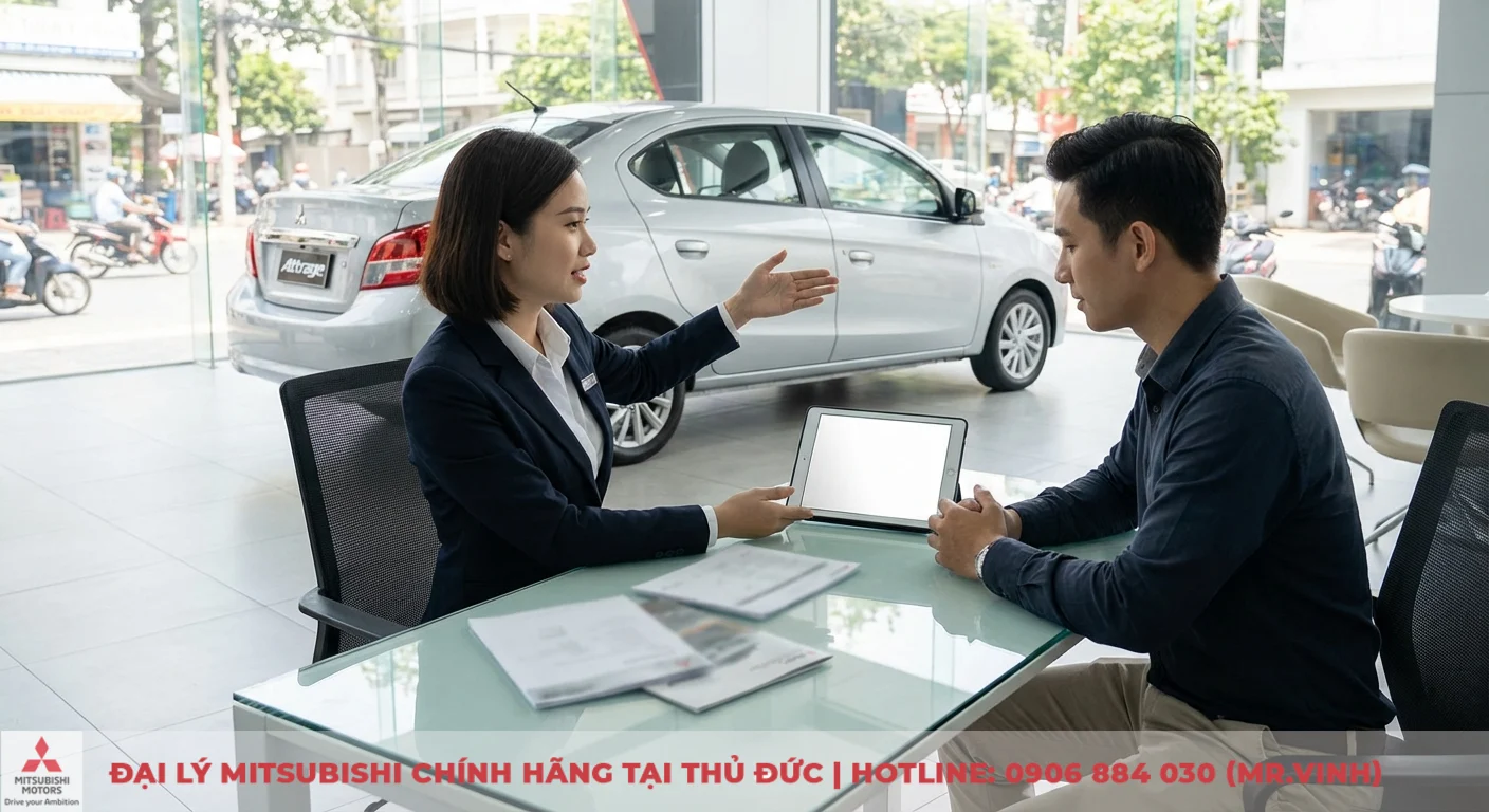 Đăng ký lái thử Attrage 2026 - Trải nghiệm sớm tại TP.HCM 4 Nhân viên Mitsubishi Saigon 3S tư vấn chuyên sâu về xe Attrage cho khách hàng trước khi lái thử tại TP.HCM