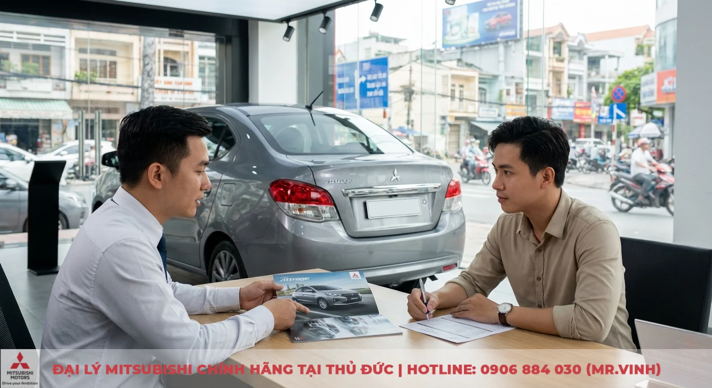 Đăng ký lái thử Attrage 2026 - Trải nghiệm sớm tại TP.HCM 5 Khách hàng tiềm năng đang điền biểu mẫu đăng ký Attrage 2026 cùng nhân viên tư vấn tại showroom Mitsubishi