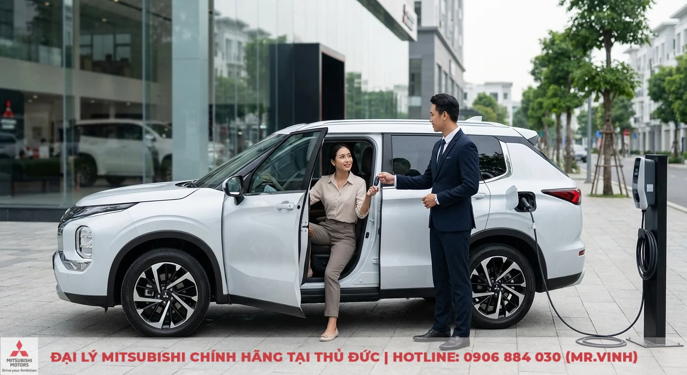 Đăng ký lái thử Destinator 2026 - Mitsubishi Sài Gòn 3S TP.HCM 1 Người đàn ông trao chìa khóa cho người phụ nữ đang bước ra từ ô tô SUV điện trắng đang sạc, phía trước một showroom và khu phố