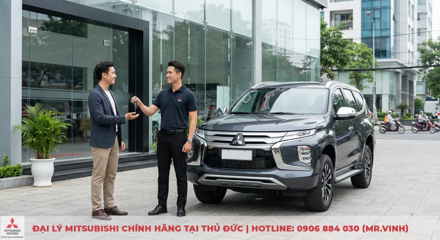 Đăng ký lái thử Destinator 2026 - Mitsubishi Sài Gòn 3S TP.HCM 2 Một khách hàng nhận chìa khóa xe Mitsubishi SUV màu xám từ nhân viên tại đại lý, sẵn sàng cho trải nghiệm lái thử