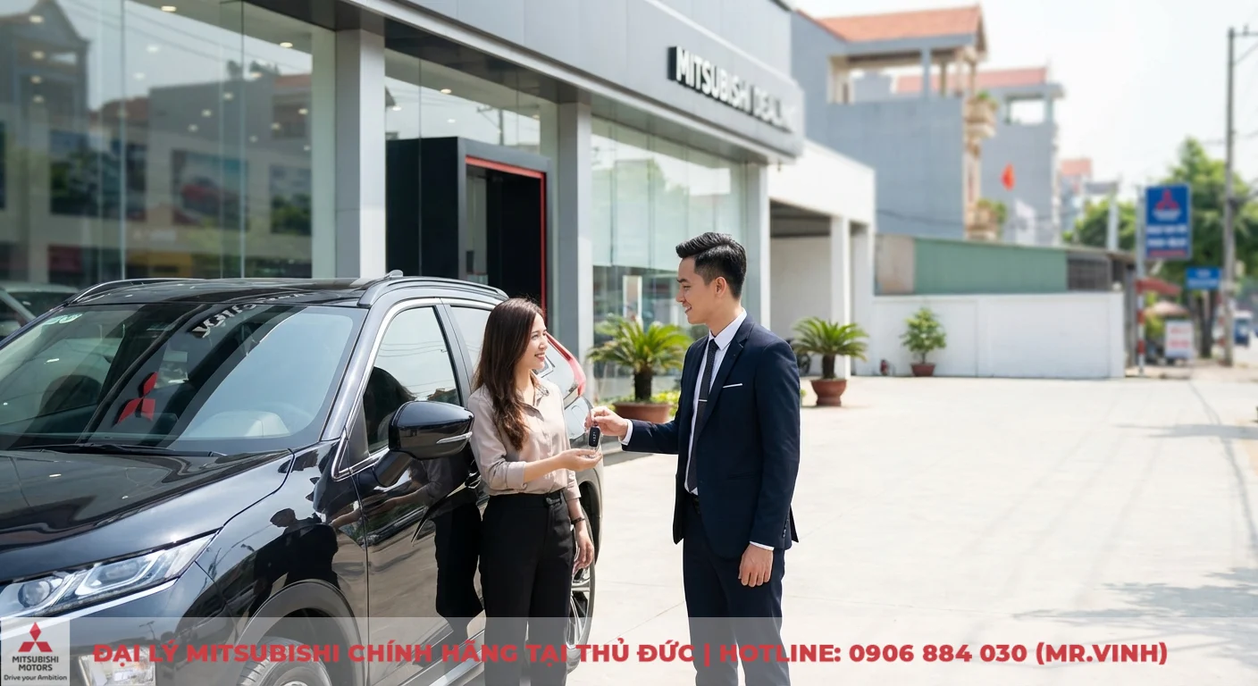 Đăng ký lái thử Destinator 2026 - Mitsubishi Sài Gòn 3S TP.HCM 3 Cảnh bàn giao chìa khóa xe, nhân viên đại lý Mitsubishi trao chìa khóa cho khách hàng nữ bên cạnh xe SUV đen