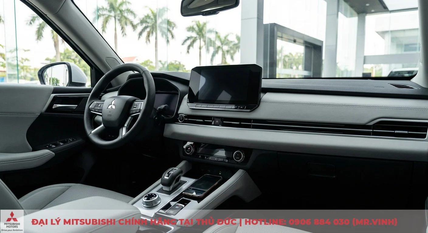 Đăng ký lái thử Destinator 2026 - Mitsubishi Sài Gòn 3S TP.HCM 4 Khoang lái hiện đại tông màu xám với vô lăng, màn hình giải trí lớn, sạc không dây và phanh tay điện tử