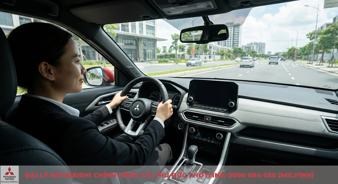 Đăng ký lái thử Xforce 2026 và phiên bản mới tại Sài Gòn 3S 1 Người lái trải nghiệm nội thất hiện đại và vận hành êm ái của Mitsubishi Xforce 2024 trên đường đô thị