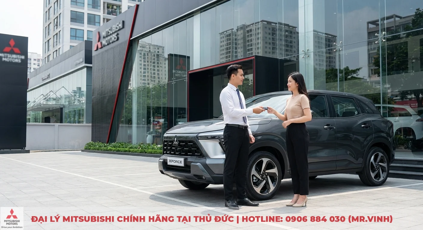 Đăng ký lái thử Xforce 2026 và phiên bản mới tại Sài Gòn 3S 2 Mitsubishi Xforce màu xám tại showroom Sài Gòn 3S Thủ Đức, nhân viên bàn giao chìa khóa cho khách hàng lái thử