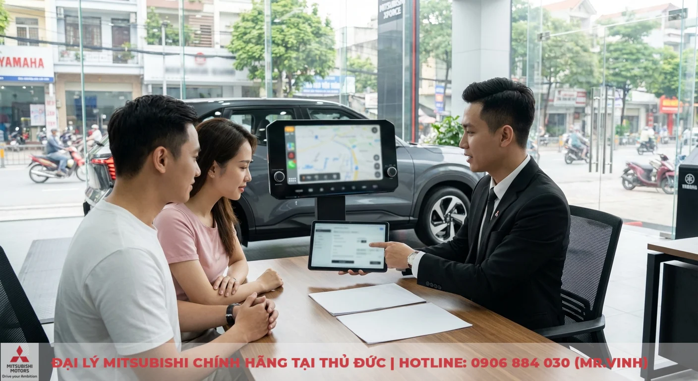 Đăng ký lái thử Xforce 2026 và phiên bản mới tại Sài Gòn 3S 3 Khách hàng được tư vấn về Mitsubishi Xforce, tìm hiểu tính năng nổi bật trên màn hình và nhận báo giá lăn bánh