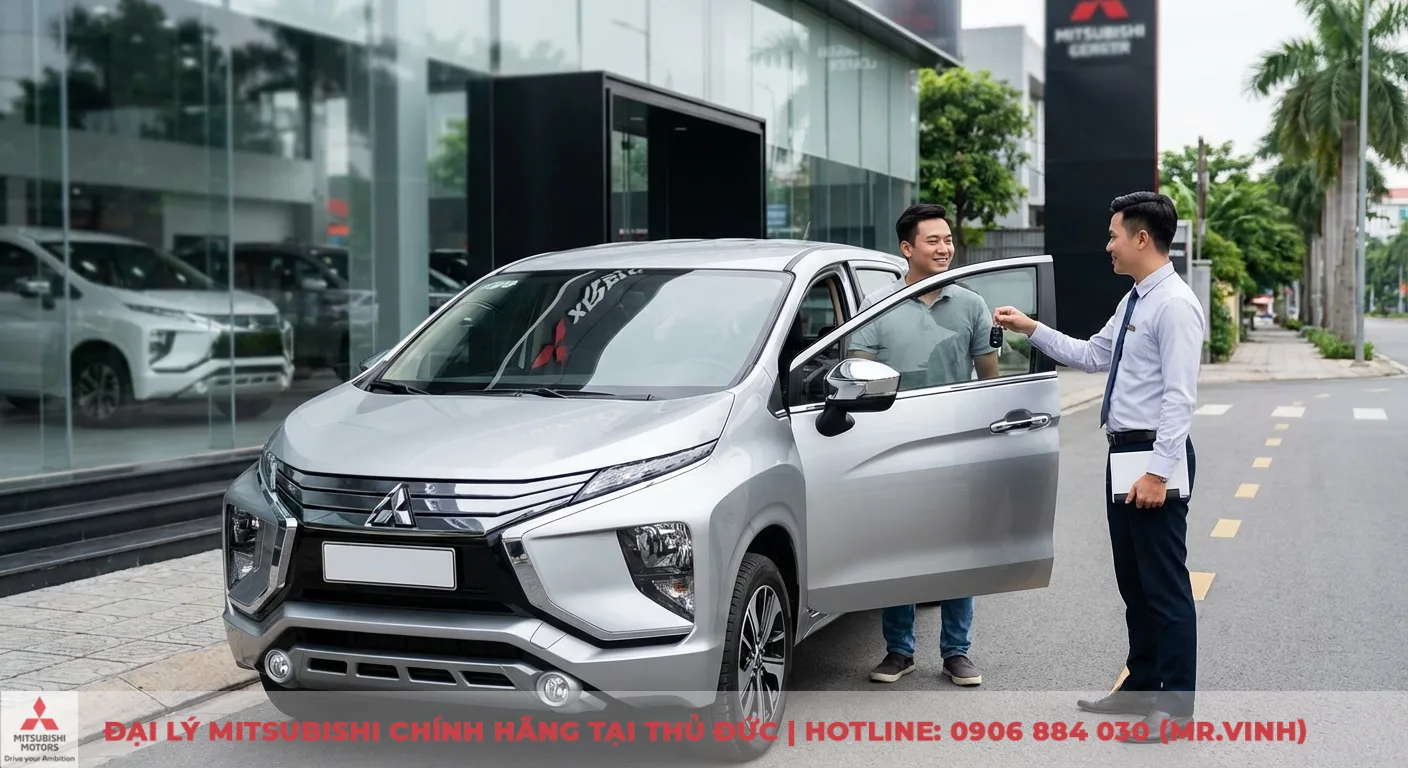 Đăng ký lái thử Xpander 2026 - Trải nghiệm Xpander tại TP.HCM. 1 Khách hàng nhận chìa khóa Mitsubishi Xpander bạc từ nhân viên Mitsubishi Saigon 3S, sẵn sàng lái thử thực tế