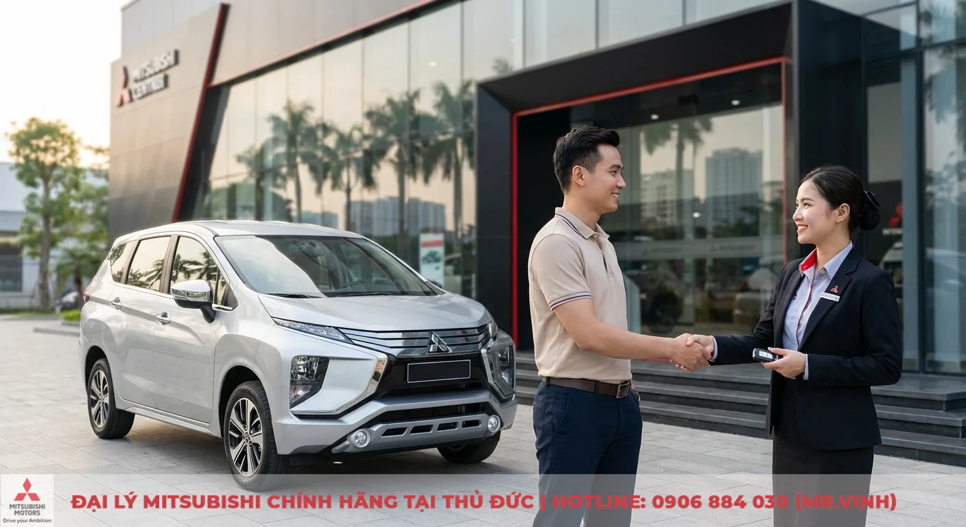 Đăng ký lái thử Xpander 2026 - Trải nghiệm Xpander tại TP.HCM. 2 Khách hàng nhận chìa khóa Mitsubishi Xpander từ chuyên viên tư vấn, hoàn tất quy trình lái thử