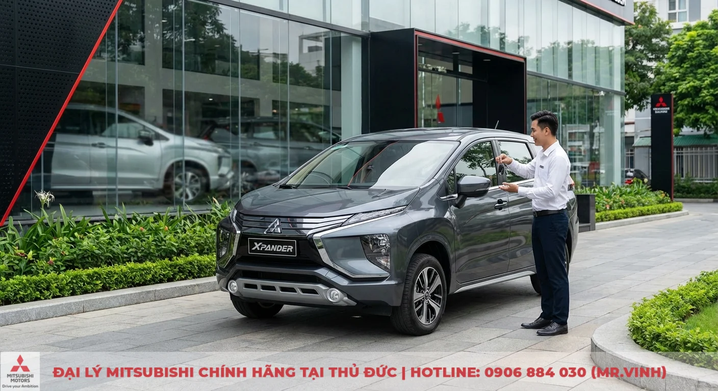 Đăng ký lái thử Xpander 2026 - Trải nghiệm Xpander tại TP.HCM. 4 Nhân viên Mitsubishi Saigon 3S trao chìa khóa xe Xpander màu xám cho khách hàng tại showroom để lái thử và nhận ưu đãi