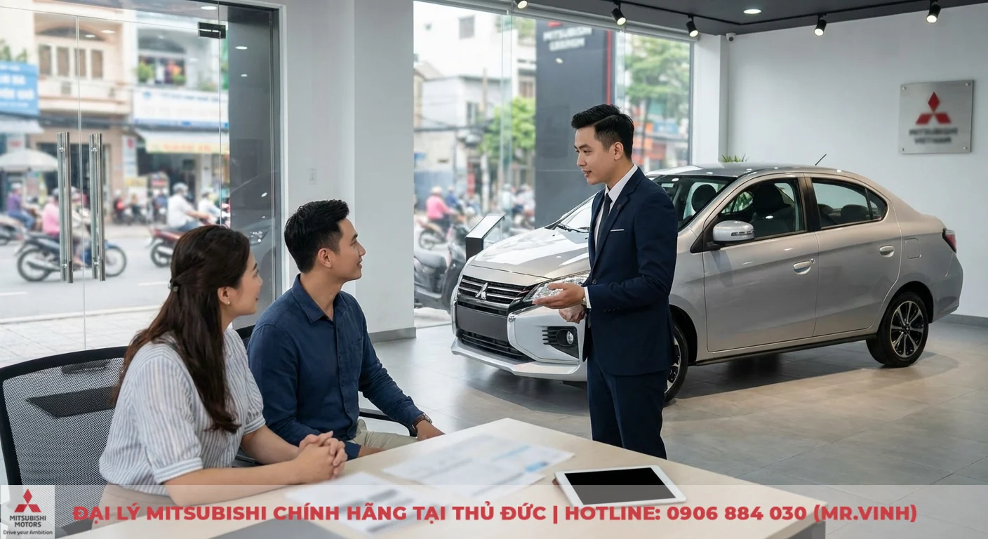 Đánh giá Mitsubishi Attrage 2026: Phân tích sâu ưu nhược điểm 1 Mitsubishi Attrage 2026 phân khúc B được nhân viên tư vấn cho khách hàng Việt Nam tại showroom, khẳng định vị thế xe
