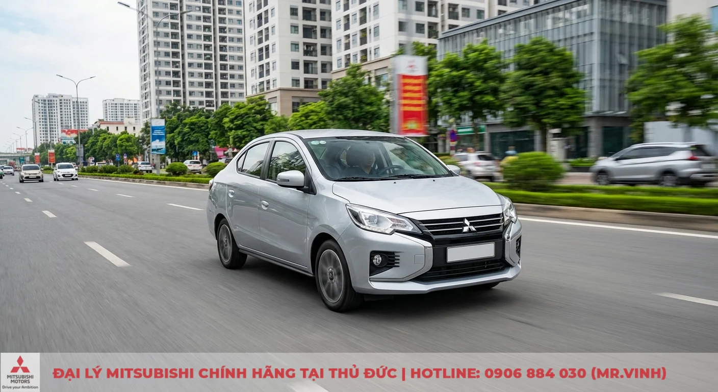 Đánh giá Mitsubishi Attrage 2026: Phân tích sâu ưu nhược điểm 4 Mitsubishi Attrage 2026 màu bạc đang vận hành mượt mà trên đường phố, minh họa hiệu quả tối ưu