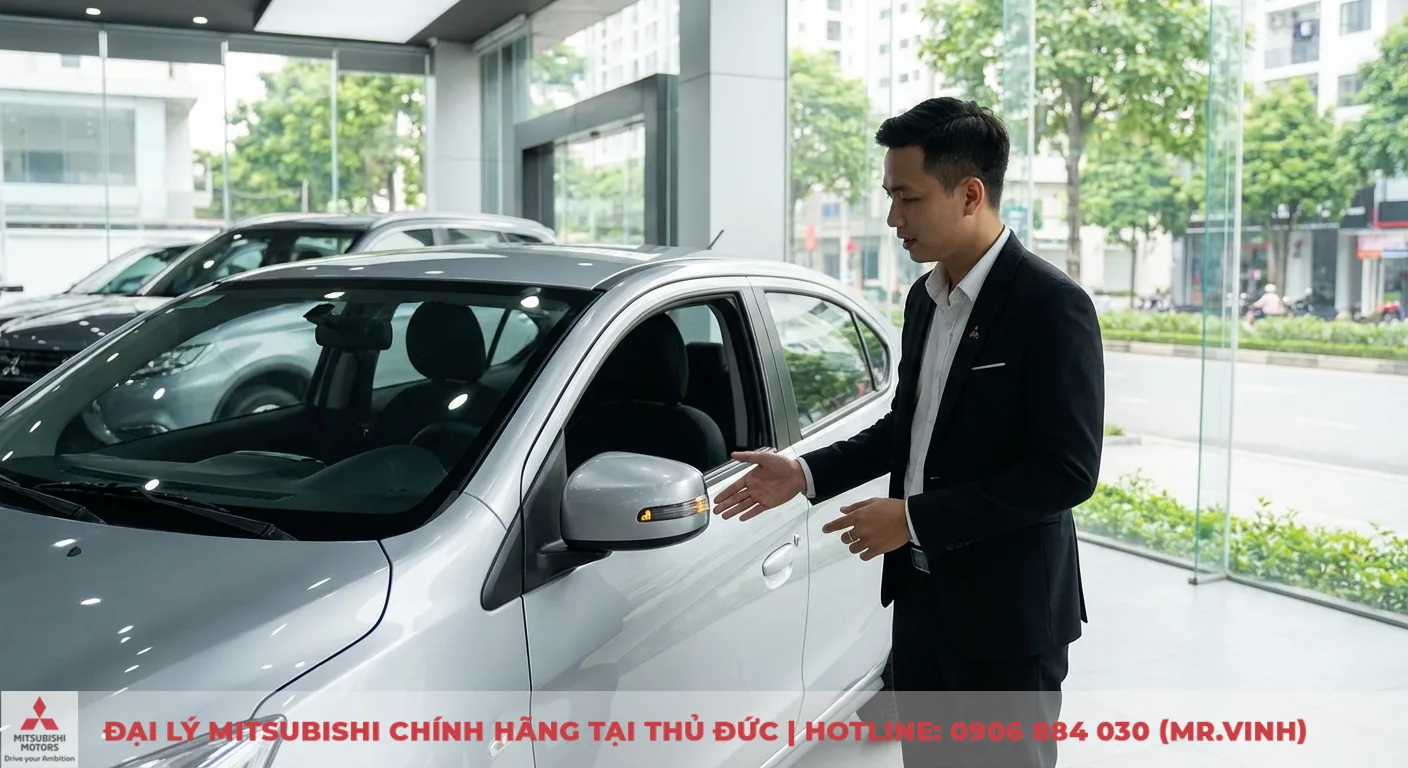 Đánh giá Mitsubishi Attrage 2026: Phân tích sâu ưu nhược điểm 5 Mitsubishi Attrage 2026 màu bạc trưng bày, chuyên gia giới thiệu gương chiếu hậu tích hợp tính năng cảnh báo điểm mù