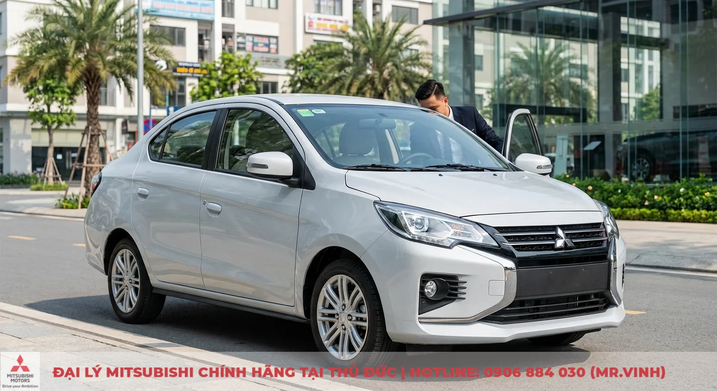 Đánh giá Mitsubishi Attrage 2026: Phân tích sâu ưu nhược điểm 6 Mitsubishi Attrage 2026 màu bạc đỗ trên đường với thiết kế Dynamic Shield hiện đại, năng động và nội thất tiện nghi