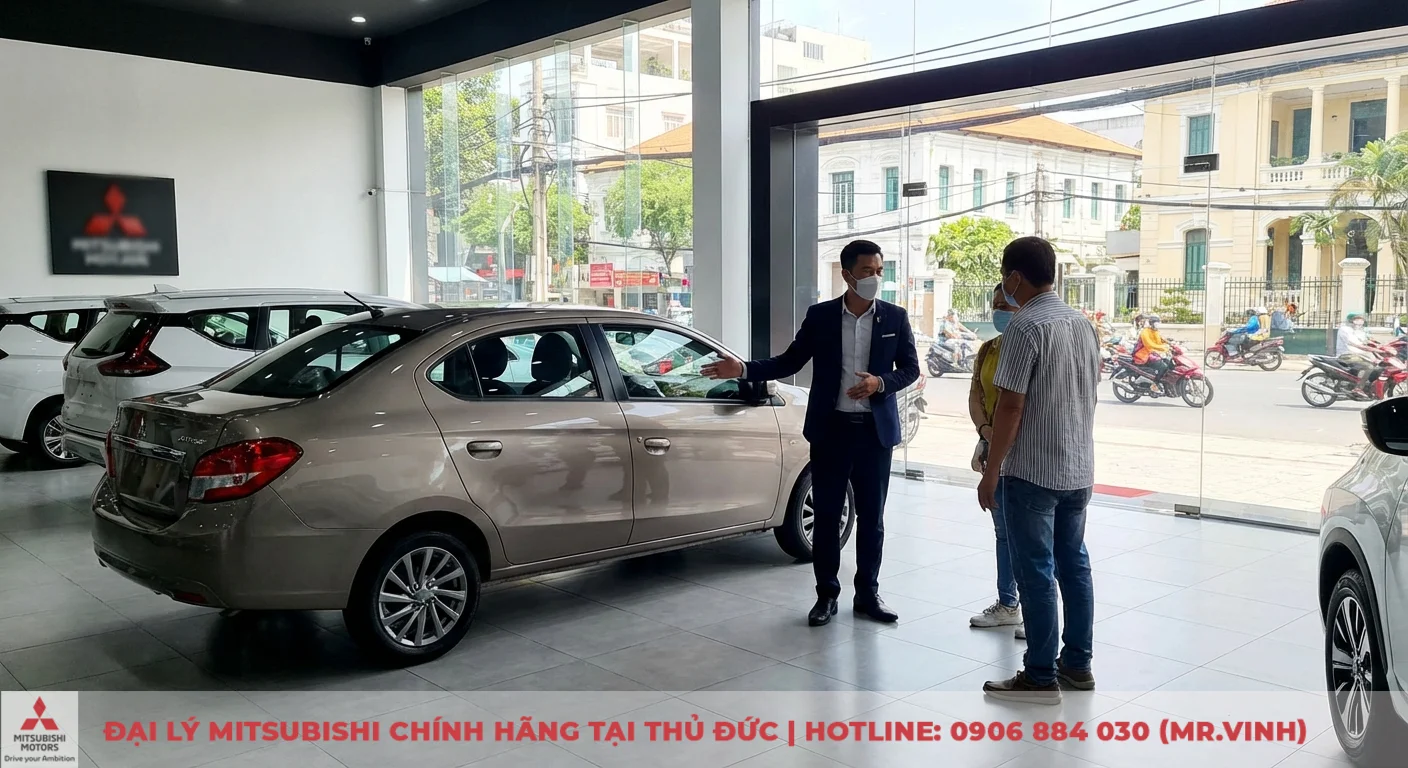 Đánh giá Mitsubishi Attrage 2026: Phân tích sâu ưu nhược điểm 7 Mitsubishi Attrage tại đại lý TP.HCM, nhân viên đang tư vấn khách hàng tiềm năng về mẫu xe mới
