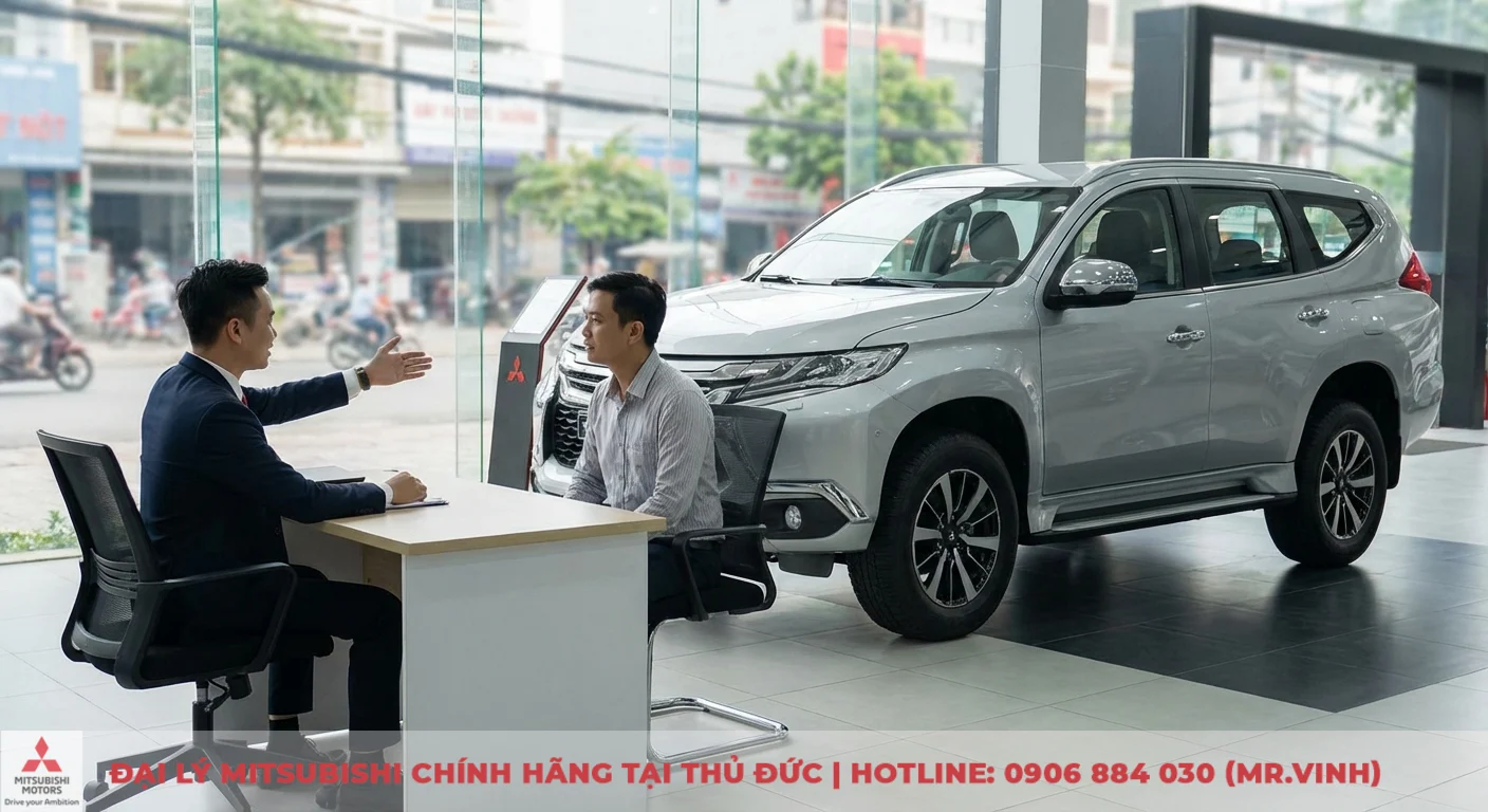Đánh giá Mitsubishi Destinator 2026: ưu nhược điểm & trải nghiệm lái 1 Hai người đàn ông tại bàn làm việc trong showroom ô tô Mitsubishi, với chiếc SUV bạc và logo Mitsubishi
