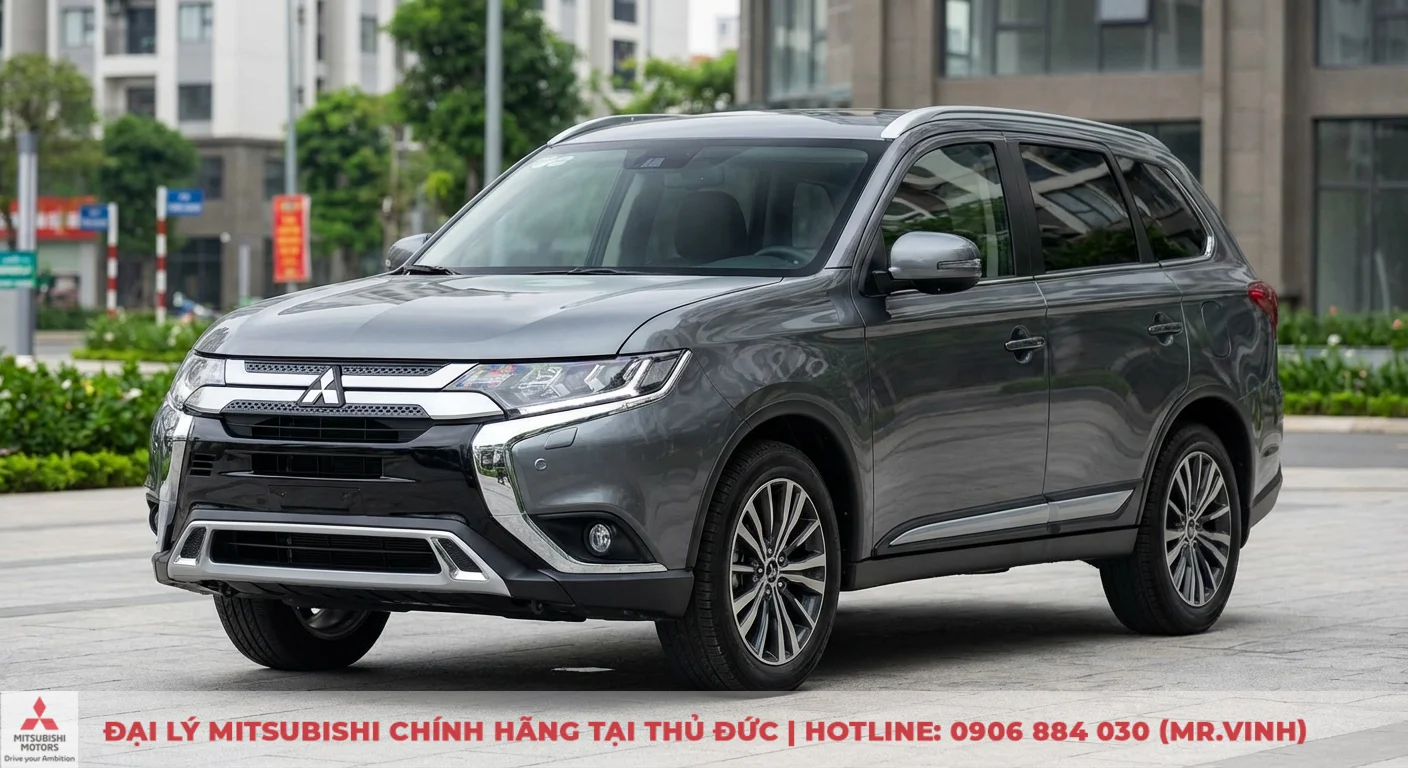 Đánh giá Mitsubishi Destinator 2026: ưu nhược điểm & trải nghiệm lái 2 Xe SUV Mitsubishi màu xám đậu trên vỉa hè với lưới tản nhiệt Dynamic Shield, đèn LED, và mâm hợp kim đa chấu
