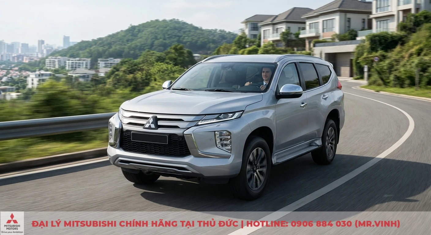 Đánh giá Mitsubishi Destinator 2026: ưu nhược điểm & trải nghiệm lái 4 Chiếc SUV Mitsubishi màu bạc đang vận hành trên đường quanh co, tài xế mỉm cười, phía xa là thành phố và những ngôi nhà hiện đại